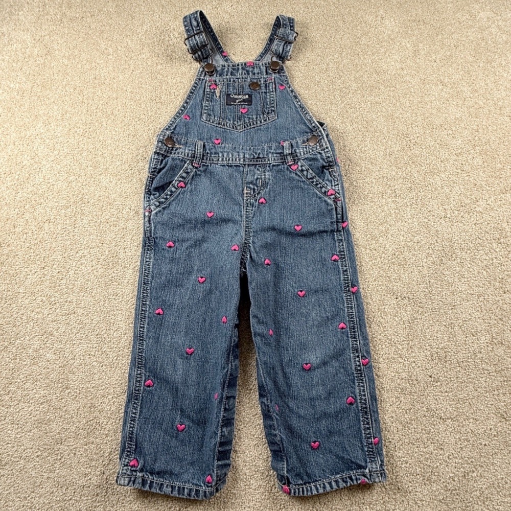 OshKosh Overalls Kids 24 Months Blue Heart Embroidered Denim Bibs